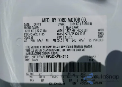 2013 Ford F-150 Lariat z USA, uszkodzony, nr VIN 1FTFW1EF2DKF84715